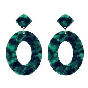 Green black abstract large oval hoop drop earrings